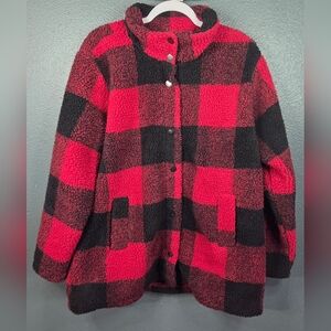 Maurices Red and Black Buffalo Check Sherpa Coat Size XL Womans